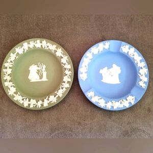 2 Vintage Jasperware 4 1/2 inch Round Dishes, 1 blue, 1 green